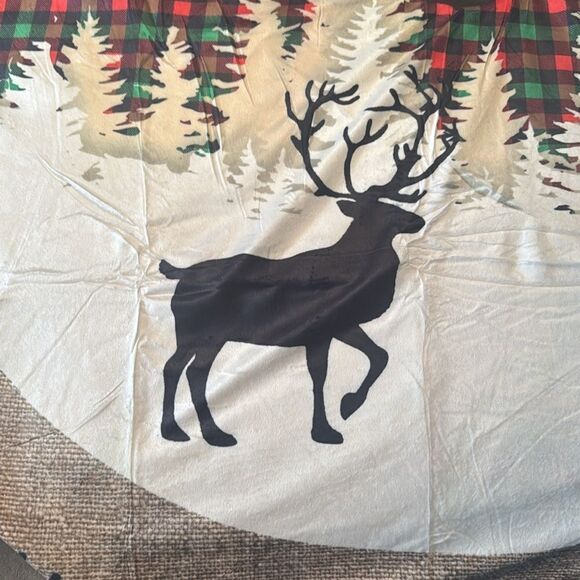 Christmas Tree Skirt Mat Plaid with Trees Reindeer & Snowflakes 47” NEW - Picture 2 of 11